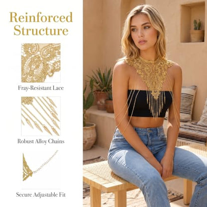 Gold Shoulder Jewelry for Women Fine Chain Body Necklace with Flower Lace Design Sexy Cape Style Accessory for Bikini Dress Showgirl Moroccan Outfit and Festival Wear