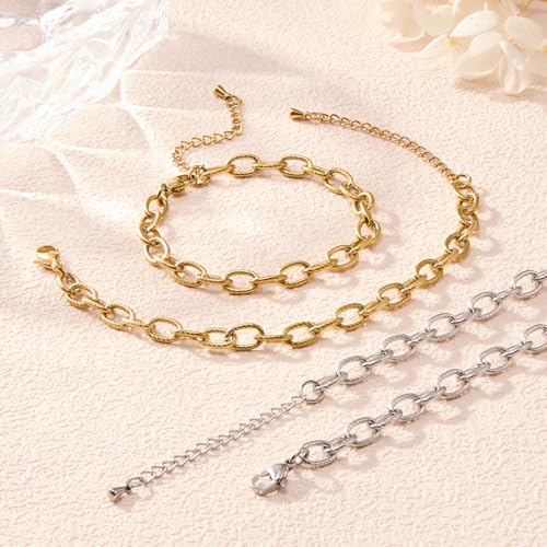 KYUNHOO 6.7 Inches Bracelet Chain for Jewelry Making Adjustable Extender | 10pcs Stainless Steel Jewelry Links on Bulk Silver and Gold Plated Embossed Oval Chains for Bracelets DIY - color: oval cable