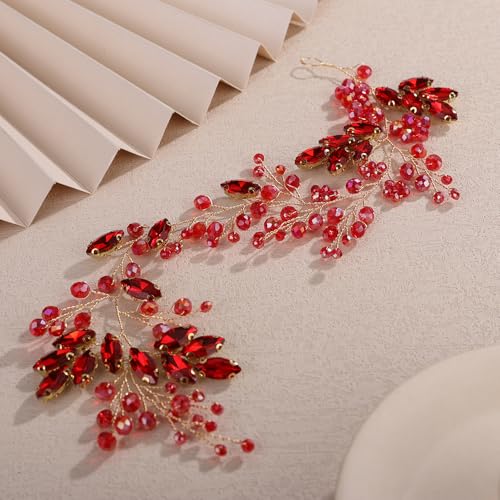 Teyglen Red Crystal Rhinestone Wedding Headband Bridal Crystal Hair Piece Sparkly Crystal Bride Wedding Hair Vine Hair Accessories for Women Bridal Party Prom Jewelry(Red) - color: Red