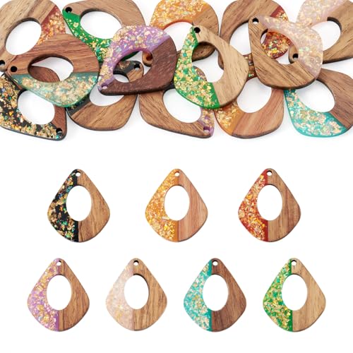 Beadthoven 14Pcs/7 Pairs Glittery Resin Wood Earrings Pendants, Iridescent Teardrop Charms Wood Earrings Making kit Bohemian Vintage Wooden Earring Blanks Pieces for Jewelry Making DIY Crafts - color: Hollow Teardrop