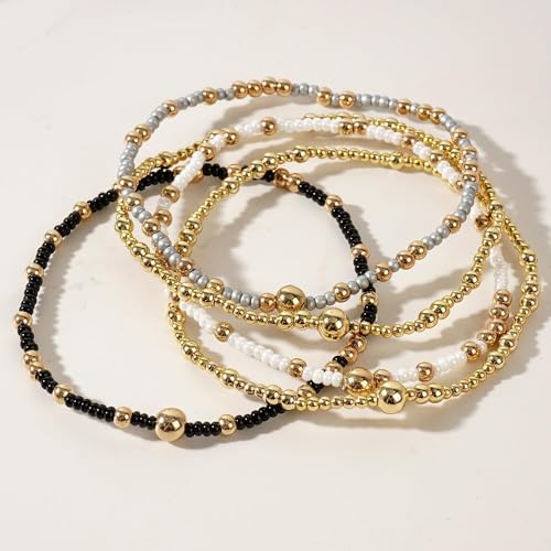 Stack Small Seed Bead Bracelets Set for Women, Boho Handmade Colorful Stretch Accessories Jewelry, Summer Beach Daily Wear Holiday Friendship Gift - color: Black