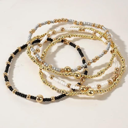 Stack Small Seed Bead Bracelets Set for Women, Boho Handmade Colorful Stretch Accessories Jewelry, Summer Beach Daily Wear Holiday Friendship Gift - color: Black