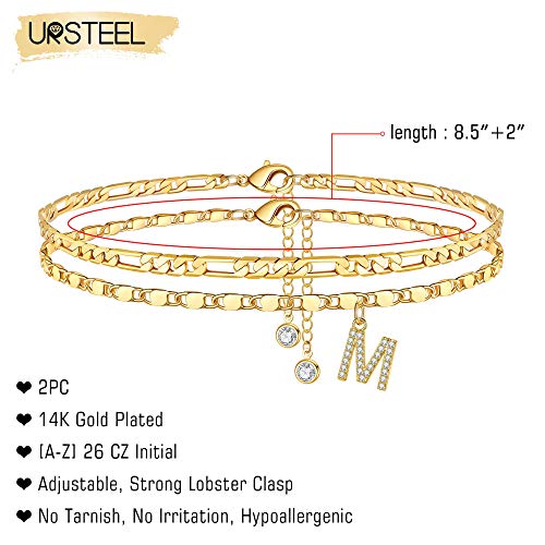 Ursteel Ankle Bracelets for Women, 14K-Gold-Plated Dainty Layered Chain CZ Initial Anklets Set Summer Jewelry Gifts for Women - style: M-Gold-Plated