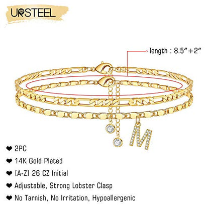 Ursteel Ankle Bracelets for Women, 14K-Gold-Plated Dainty Layered Chain CZ Initial Anklets Set Summer Jewelry Gifts for Women - style: M-Gold-Plated