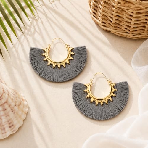 Tassel Hoop Earring Statement Thread Dangle Earrings Stylish Long Fringe Drop Earrings Lightweight Long Swingy French Hook Earrings for Women - color: B Grey