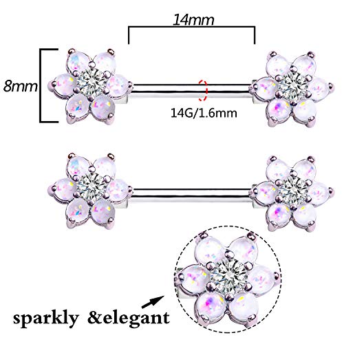 14G Opal Flower CZ Nipple Barbell Nipple Ring Piercing Jewelry for Women - color: silver