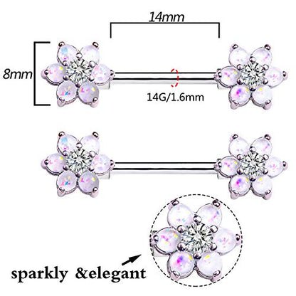 14G Opal Flower CZ Nipple Barbell Nipple Ring Piercing Jewelry for Women - color: silver