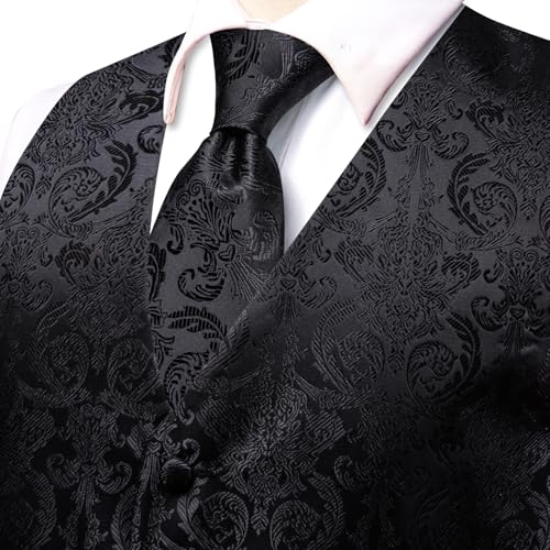Hi-Tie Silk Mens Suit Vest Tie and Bowtie Lapel Pin Gold Tie Clip Paisley Floral Waistcoat 8PCS Set Tuxedo Wedding Party - color: Black, size: Small