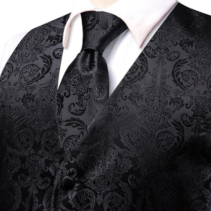 Hi-Tie Silk Mens Suit Vest Tie and Bowtie Lapel Pin Gold Tie Clip Paisley Floral Waistcoat 8PCS Set Tuxedo Wedding Party - color: Black, size: Small