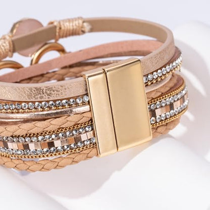 Boho Leather Wrap Bracelets Beaded Stackable Cuff Bracelet Country Concert Outfits Cowboy Cowgirl Western Jewelry Gifts for Women - color: Heart-Rose Gold