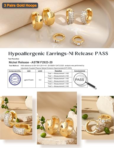 LOLIAS Small 14K Gold Plated Chunky Hoop Earrings for Women Hypoallergenic Silver Earrings Set for Sensitive Ears Non Tarnish Huggie Hoops Earring Stacks for Multiple Piercing Jewelry Lightweight 3Pairs - style: Chunky-14K Gold Plated