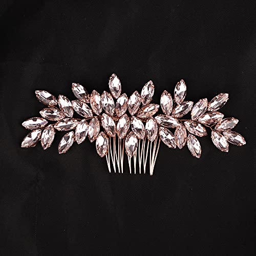 Teyglen Hair Comb, Rhinestone Crystal Hair Comb Headpiece for Women, Wedding Party Prom, Rose Gold-Pink Rhinestones Hair Piece, Size 15 *6cm/5.9 *2.36 inches, Alloy+Rhinestones, 1 Count - color: Rose Gold-Pink Rhinestones