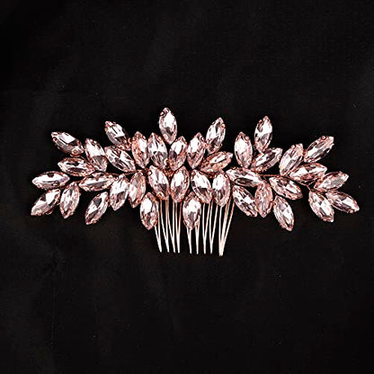 Teyglen Hair Comb, Rhinestone Crystal Hair Comb Headpiece for Women, Wedding Party Prom, Rose Gold-Pink Rhinestones Hair Piece, Size 15 *6cm/5.9 *2.36 inches, Alloy+Rhinestones, 1 Count - color: Rose Gold-Pink Rhinestones