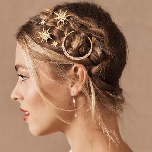 BARTOSI Moon Star Hair Clips Gold Stars Hair pins Crystal Celestial Hair Accessories for Women and Girls (Pack of 3) - color: Gold-Rhinestone