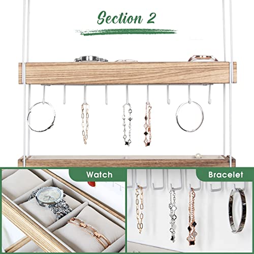 J JACKCUBE DESIGN Wall Mounted 3 Tier Wooden Jewelry Organizer Rack with Accessories Storage Shelf and 18 Metal Earring, Necklace Hooks- MK907A