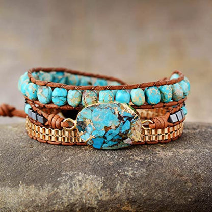 Women Wrap Bracelets Boho Natural Stone Jasper Turquoises Strand Bracelet Jewelry Collection - color: Gold Turquoise