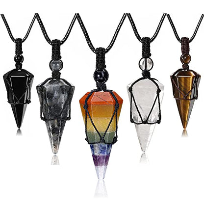 Top Plaza Mens Necklace, Crystal Gemstone Protection Pendant Necklace | Healing Crystals Necklace for Men Adjustable 6 Facet Pointed Necklace Energy Natural Quartz Protect Jewelry Gifts - color: Black Obsidian + Labradorite + Tiger Eye + Clear Quartz + Ch