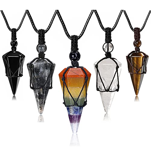 Top Plaza Mens Necklace, Crystal Gemstone Protection Pendant Necklace | Healing Crystals Necklace for Men Adjustable 6 Facet Pointed Necklace Energy Natural Quartz Protect Jewelry Gifts - color: Black Obsidian + Labradorite + Tiger Eye + Clear Quartz + Ch
