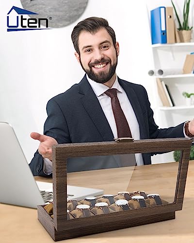 Uten Watch Box 12 Slots, Watch Case Organizer with Real Glass Lid, Wood Grain PU Leather Watch Display Storage Box with Removable Imitation Suede Watch Pillows, Metal Clasp | Watch Jewelry Box, Soft Pillow, Metal Clasp, for Watch Size up to 55mm, Gifts fo