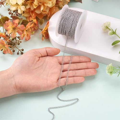 Pandahall 82 Feet/25M Soldered 304 Stainless Steel Curb Chains 4x3x0.6mm Stainless Steel Color Plated for Jewelry Making