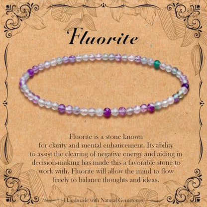 BONNY BOXX Natural Genuine Gemstone Faceted Round Beads Bracelets, 3mm Adjustable Stretchy Tiny Faceted Black Tourmaline Bracelet, Healing Crystal Reiki Chakra Dainty Jewelry Fashion Gifts - color: Fluorite