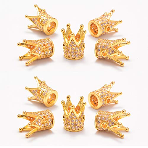 AD Beads Zircon Pave Rhinestones Crown Big Hole Bracelet Connector Spacer Beads (10 Pcs Clear on Gold Crown (9x12mm)) - color: 10 Pcs Clear on Gold Crown (9x12mm)