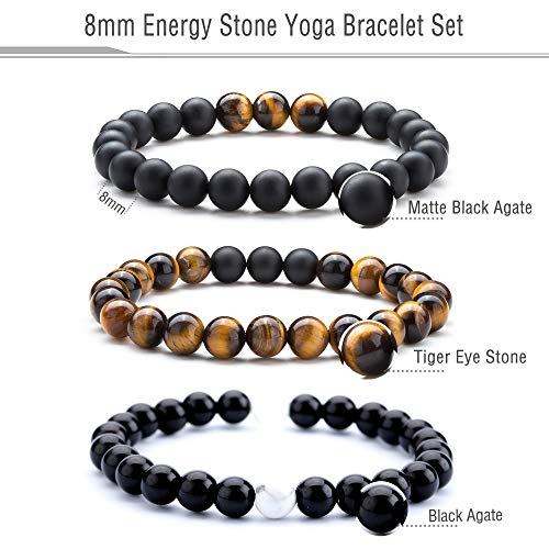 Men Women 8mm Tiger Eye Stone Beads Bracelet - color: B-3 Pcs Set 2-21003