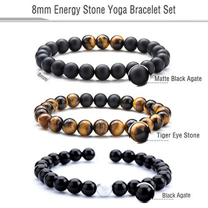Men Women 8mm Tiger Eye Stone Beads Bracelet - color: B-3 Pcs Set 2-21003