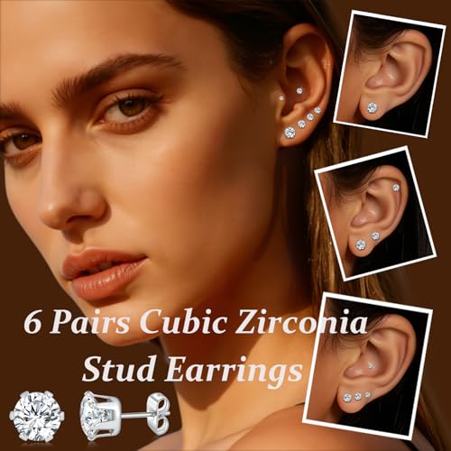 6 Pairs Cubic Zirconia Stud Earrings for Women/Men - Round Cut 4 Prong Settings 18K Gold Plated Hypoallergenic 3-8mm Clear Earrings Set - color: 3-8mm White Gold - Round 6 Prong