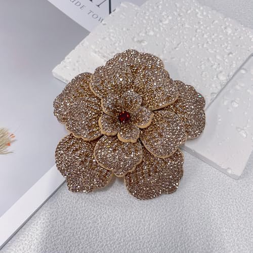 Rhinestone Flower Brooch Pin for Women Men Elegant Sparkly Crystal Camellia Floral Lapel Pins Shawl Dress Suit Clothes Accessories Wedding Party Fashion Jewelry 105mm - color: Champagne Brown