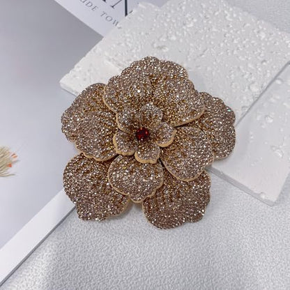 Rhinestone Flower Brooch Pin for Women Men Elegant Sparkly Crystal Camellia Floral Lapel Pins Shawl Dress Suit Clothes Accessories Wedding Party Fashion Jewelry 105mm - color: Champagne Brown