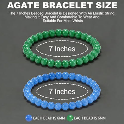 2PCS Agate Bracelet for Women Men Natural Round Beaded Agates Stone Healing Stretch Bracelets Elastic Handmade Polished Gemstone Beads Bracelet - color: Blue+Green, size: 6mm Beads