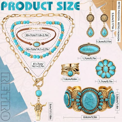 Ecally Bohemian Western Jewelry Turquoise Set Women Country Pendant Long Choker Layered Bracelets Earrings Ring for Women - color: Gold, style: Shiny