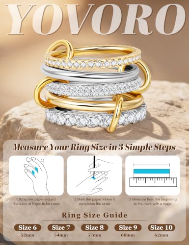 18K Gold Plated Stackable Rings for Women CZ Mixed Metal Statement Rings Set Non Tarnish Interlocked Stacked Ring Unique Connected Band Thumb Ring Fashion Multi-layer Wedding Ring Jewelry Size 6-10 - style: Gold Style C