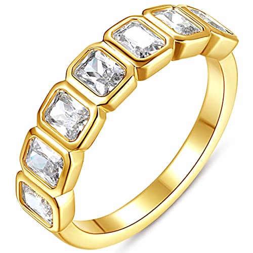 espere Emerald Cut Bezel Set CZ Halfway Eternity Band | 7 Stone Wedding Anniversary Band Bridal Set - color: Large CZ - 4*3mm