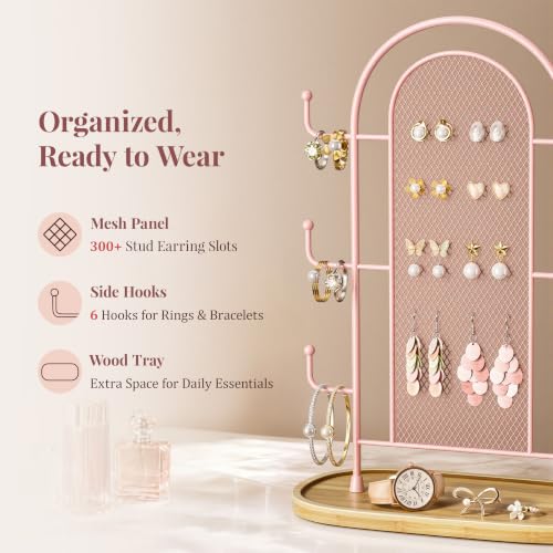 bussdis Jewelry Holder Organizer Earring Display - Earring Storage Tree Stands Towers With 6 Hooks 300 Studs Wood Tray Pink Metal Rack - color: Pink