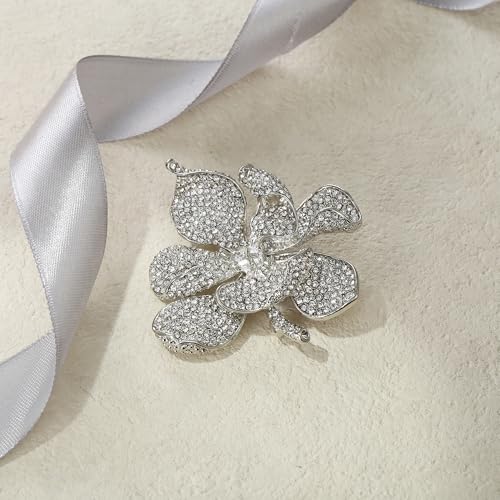 EVER FAITH Women's Austrian Crystal Orchid Flower Petal Brooch - color: Clear Silver-Tone