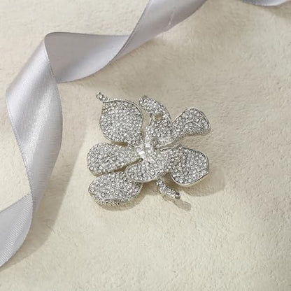 EVER FAITH Women's Austrian Crystal Orchid Flower Petal Brooch - color: Clear Silver-Tone