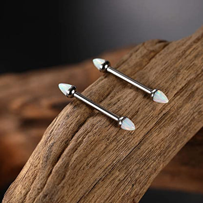 GAGABODY G23 Titanium Pair 14G Nipple Rings Tongue Jewelry Bridge Piercing | Internal Threaded Used in Nipple,Tongue,Bridge 14G Length from 12mm to 18mm Lightweight Daily Wear for Unisex Sensitive Skin - color: STYLE1B-Silver+Bullet White Opal, size: 14G+