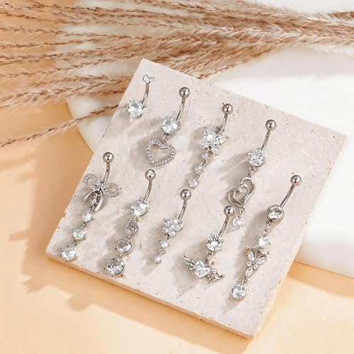MEDOJO 7Pcs Belly Button Ring Pink Surgical Stainless Steel Belly Ring Bow Butterfly Heart Flower Navel Ring Belly Piercing for Women - color: Silver