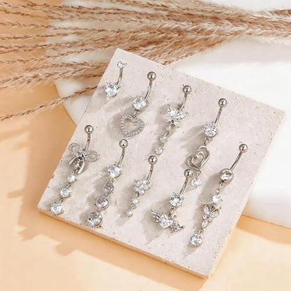 MEDOJO 7Pcs Belly Button Ring Pink Surgical Stainless Steel Belly Ring Bow Butterfly Heart Flower Navel Ring Belly Piercing for Women - color: Silver