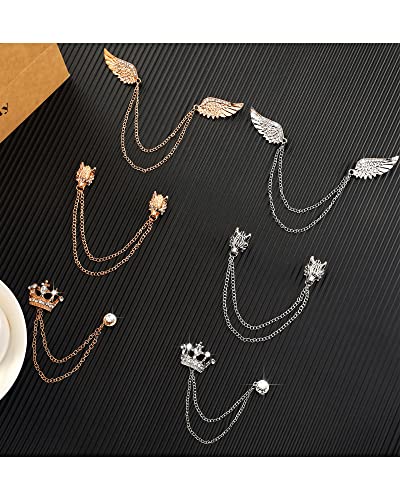 6 Pieces Men's Tassel Chain Brooch Collar Pins Wedding Brooches Collar Pins Wings Wolf Head Crown Lapel Suit Shirt Tuxedo Accessories for Wedding Anniversary Birthday Party Gift Business Office