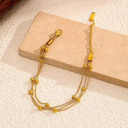 CTRLZTEAM 14K 18K Gold Plated Layered Bracelets for Women Stacked Bracelet | 14K 18K gold plated multi layer bracelets combine distinct chains with single clasp for instant pre-stacked style - style: Triple-Strand Integrated Layering