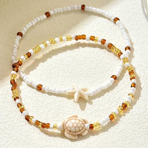 Qceasiy Shell Ankle Bracelets for Women, Boho Beaded Beach Anklet Set | Seashell, Heart, Starfish and Conch Styles, Gold-Tone, Stretch or Adjustable Fit, Layered Beach Vacation Jewelry Gifts - color: White 3