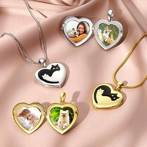 Fanery Sue Personalized Pet Locket Picture Necklace,Dog Cat Memory Gift | Custom Engraved Heart Photo Lockets Necklaces,Dog Cat Sympathy Memorial Jewelry for Women Men - color: Sliver, style: 2 Cats