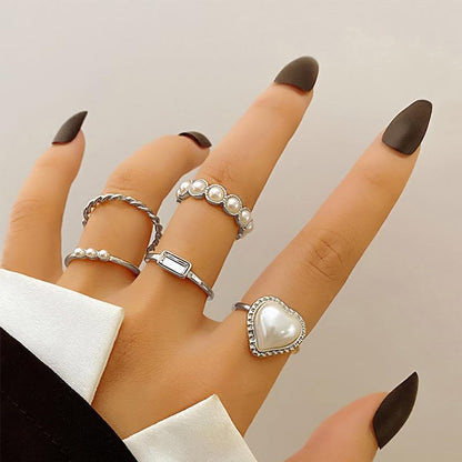 5Pcs Silver Plated Rings Set Female Pearl Heart Pearl Beads Joint Knuckle Rings Dainty Twist Midi Tail Finger Rings Y2k Heart Rings Dainty Faux Pearl Stackable Rings Sets Valentine's Day Xmas Gift - color: 5pcs silver set