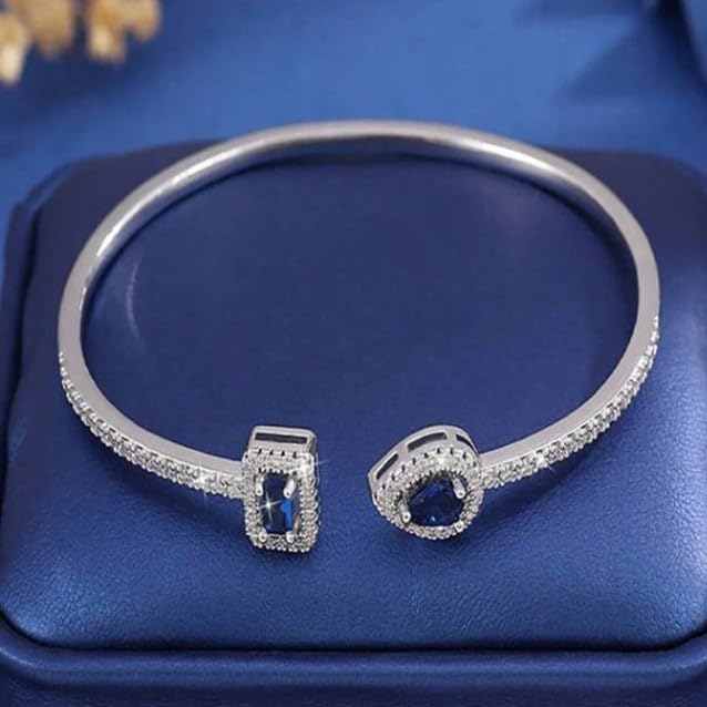 Elegant Versatile Youthful Bracelet, Delicate Water Drop & Square Stone Cuff Bangle for Women - color: Silver-Blue, size: One Size