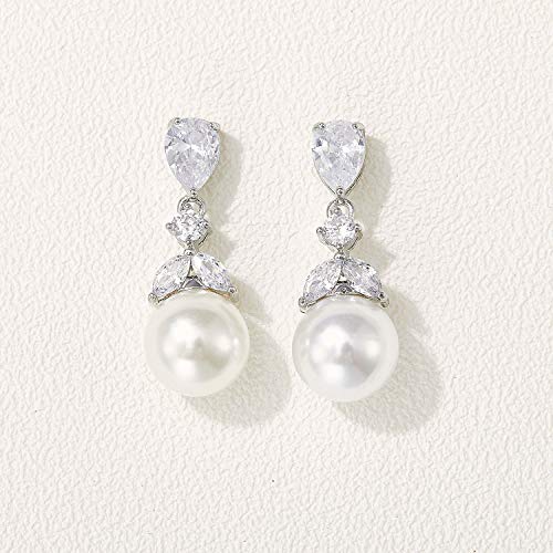 SWEETV Cubic Zirconia Pearl Drop Wedding Earrings for Brides, Ivory Bridal Pearl Earrings for Bridesmaid Jewelry Gift - color: 01.Style 1