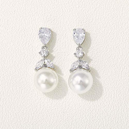 SWEETV Cubic Zirconia Pearl Drop Wedding Earrings for Brides, Ivory Bridal Pearl Earrings for Bridesmaid Jewelry Gift - color: 01.Style 1