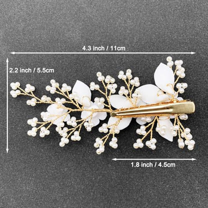 White Bridal Hair Clip Wedding Pearl Ceramic Flower Leaf Hair Piece Accessories for Women Girls
